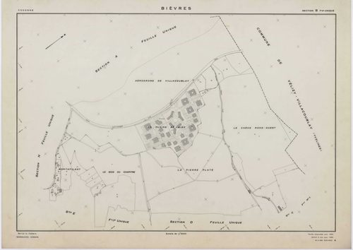 BIEVRES, plans minutes de conservation : tableau d'assemblage,1954, Ech. 1/10000 ; plans des sections A, B, I, J, K, N, 1954, Ech. 1/2000, sections C1, C2, D, E, F, G, H, L1, L2, M1, M2, 1954, Ech. 1/1000. Polyester. N et B. Dim. 105 x 80 cm [18 plans]. 