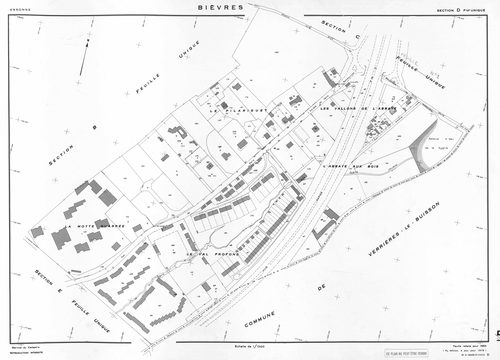 BIEVRES. - Cadastre établi pour 1954, à jour pour 1975 (2ème édition) : plan du tableau d'assemblage ; feuille refaite pour 1954, à jour pour 1979 (3ème, 4ème édition) : plans des sections A-N. [15 plans]. 