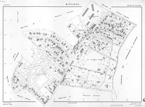 BIEVRES. - Cadastre établi pour 1954, à jour pour 1975 (2ème édition) : plan du tableau d'assemblage ; feuille refaite pour 1954, à jour pour 1979 (3ème, 4ème édition) : plans des sections A-N. [15 plans]. 