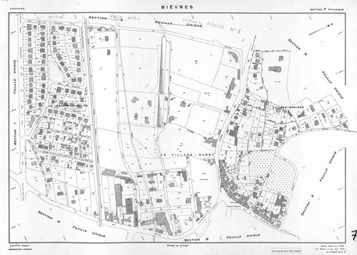 BIEVRES. - Cadastre établi pour 1954, à jour pour 1975 (2ème édition) : plan du tableau d'assemblage ; feuille refaite pour 1954, à jour pour 1979 (3ème, 4ème édition) : plans des sections A-N. [15 plans]. 