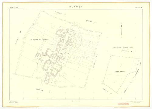 Plans minutes de conservation : BLANDY : tableau d'assemblage, ech. 1/10000 (1953), sections A, B, C, D, E, G, ech. 1/2000 (1953), section F, ech. 1/1000 (1953), NB, papier, 105x80 [8 plans]. 
