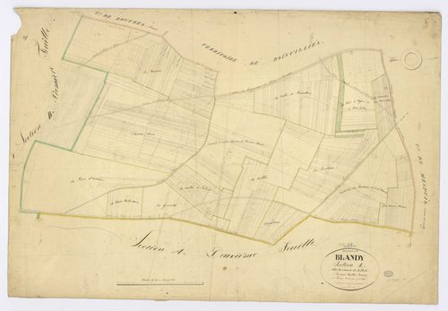 BLANDY. - Section A - Chemin de la Ferté (le), 1, ech. 1/2500, coul., aquarelle, papier, 68x100 (1831). 
