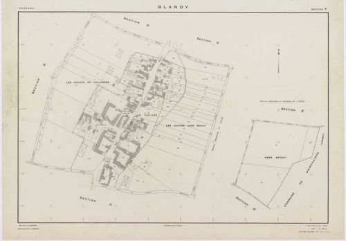 BLANDY, plans minutes de conservation : tableau d'assemblage,1953, Ech. 1/10000 ; plans des sections A, B, C, D, E, G, 1953, Ech. 1/2000, section F, 1953, Ech. 1/2000, section ZA, 1998, Ech. 1/2000. Polyester. N et B. Dim. 105 x 80 cm [9 plans]. 