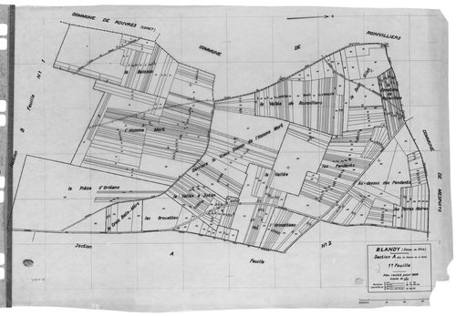 BLANDY.- Cadastre révisé pour 1934 : plan du tableau d'assemblage, plans de la section A le Chemin de la Ferté 1ère feuille, idem 2ème feuille, section B le Village 1ère feuille, idem 2ème feuille, idem 3ème feuille ; cadastre révisé pur 1938 : plan de la