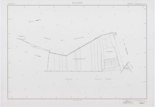 BLANDY, plans minutes de conservation : tableau d'assemblage,1953, Ech. 1/10000 ; plans des sections A, B, C, D, E, G, 1953, Ech. 1/2000, section F, 1953, Ech. 1/2000, section ZA, 1998, Ech. 1/2000. Polyester. N et B. Dim. 105 x 80 cm [9 plans]. 