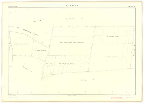 Plans minutes de conservation : BLANDY : tableau d'assemblage, ech. 1/10000 (1953), sections A, B, C, D, E, G, ech. 1/2000 (1953), section F, ech. 1/1000 (1953), NB, papier, 105x80 [8 plans]. 
