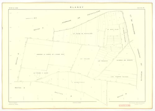 Plans minutes de conservation : BLANDY : tableau d'assemblage, ech. 1/10000 (1953), sections A, B, C, D, E, G, ech. 1/2000 (1953), section F, ech. 1/1000 (1953), NB, papier, 105x80 [8 plans]. 