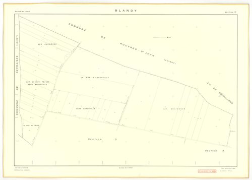 Plans minutes de conservation : BLANDY : tableau d'assemblage, ech. 1/10000 (1953), sections A, B, C, D, E, G, ech. 1/2000 (1953), section F, ech. 1/1000 (1953), NB, papier, 105x80 [8 plans]. 