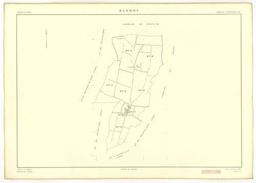 Plans minutes de conservation : BLANDY : tableau d'assemblage, ech. 1/10000 (1953), sections A, B, C, D, E, G, ech. 1/2000 (1953), section F, ech. 1/1000 (1953), NB, papier, 105x80 [8 plans]. 