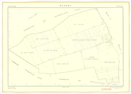 Plans minutes de conservation : BLANDY : tableau d'assemblage, ech. 1/10000 (1953), sections A, B, C, D, E, G, ech. 1/2000 (1953), section F, ech. 1/1000 (1953), NB, papier, 105x80 [8 plans]. 
