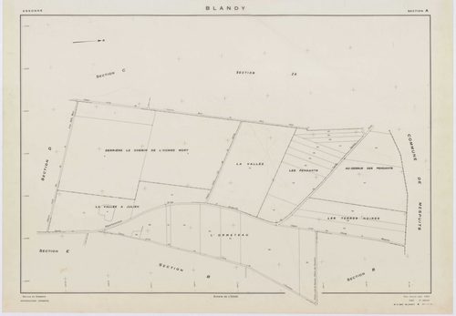 BLANDY, plans minutes de conservation : tableau d'assemblage,1953, Ech. 1/10000 ; plans des sections A, B, C, D, E, G, 1953, Ech. 1/2000, section F, 1953, Ech. 1/2000, section ZA, 1998, Ech. 1/2000. Polyester. N et B. Dim. 105 x 80 cm [9 plans]. 