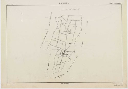 BLANDY, plans minutes de conservation : tableau d'assemblage,1953, Ech. 1/10000 ; plans des sections A, B, C, D, E, G, 1953, Ech. 1/2000, section F, 1953, Ech. 1/2000, section ZA, 1998, Ech. 1/2000. Polyester. N et B. Dim. 105 x 80 cm [9 plans]. 