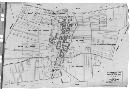 BLANDY.- Cadastre révisé pour 1934 : plan du tableau d'assemblage, plans de la section A le Chemin de la Ferté 1ère feuille, idem 2ème feuille, section B le Village 1ère feuille, idem 2ème feuille, idem 3ème feuille ; cadastre révisé pur 1938 : plan de la