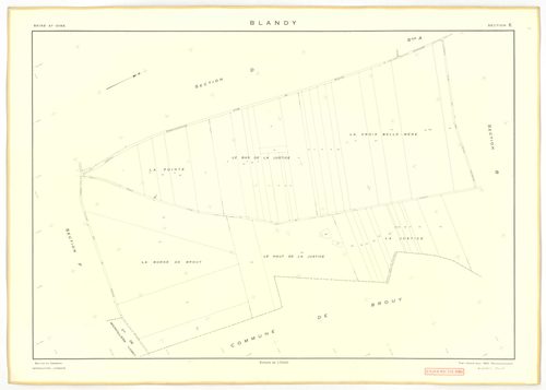 Plans minutes de conservation : BLANDY : tableau d'assemblage, ech. 1/10000 (1953), sections A, B, C, D, E, G, ech. 1/2000 (1953), section F, ech. 1/1000 (1953), NB, papier, 105x80 [8 plans]. 