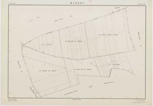 BLANDY, plans minutes de conservation : tableau d'assemblage,1953, Ech. 1/10000 ; plans des sections A, B, C, D, E, G, 1953, Ech. 1/2000, section F, 1953, Ech. 1/2000, section ZA, 1998, Ech. 1/2000. Polyester. N et B. Dim. 105 x 80 cm [9 plans]. 