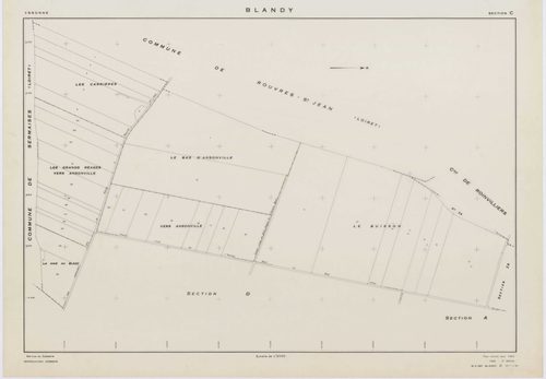 BLANDY, plans minutes de conservation : tableau d'assemblage,1953, Ech. 1/10000 ; plans des sections A, B, C, D, E, G, 1953, Ech. 1/2000, section F, 1953, Ech. 1/2000, section ZA, 1998, Ech. 1/2000. Polyester. N et B. Dim. 105 x 80 cm [9 plans]. 
