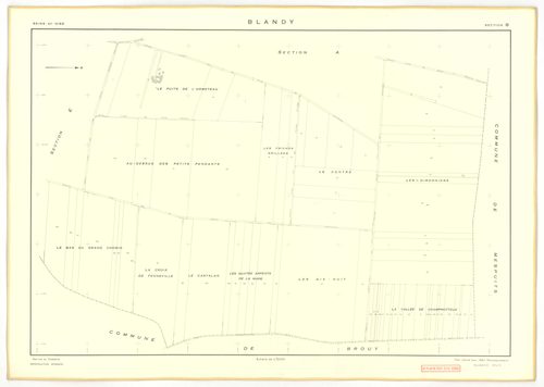 Plans minutes de conservation : BLANDY : tableau d'assemblage, ech. 1/10000 (1953), sections A, B, C, D, E, G, ech. 1/2000 (1953), section F, ech. 1/1000 (1953), NB, papier, 105x80 [8 plans]. 