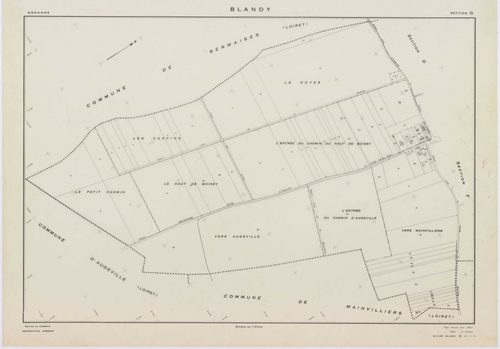 BLANDY, plans minutes de conservation : tableau d'assemblage,1953, Ech. 1/10000 ; plans des sections A, B, C, D, E, G, 1953, Ech. 1/2000, section F, 1953, Ech. 1/2000, section ZA, 1998, Ech. 1/2000. Polyester. N et B. Dim. 105 x 80 cm [9 plans]. 