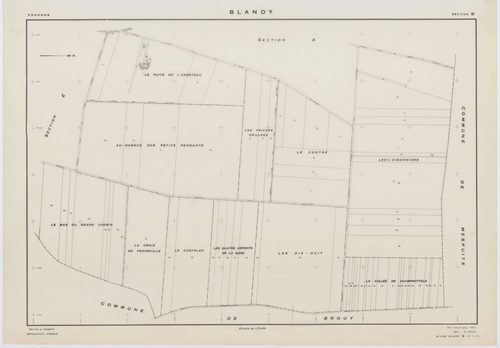 BLANDY, plans minutes de conservation : tableau d'assemblage,1953, Ech. 1/10000 ; plans des sections A, B, C, D, E, G, 1953, Ech. 1/2000, section F, 1953, Ech. 1/2000, section ZA, 1998, Ech. 1/2000. Polyester. N et B. Dim. 105 x 80 cm [9 plans]. 