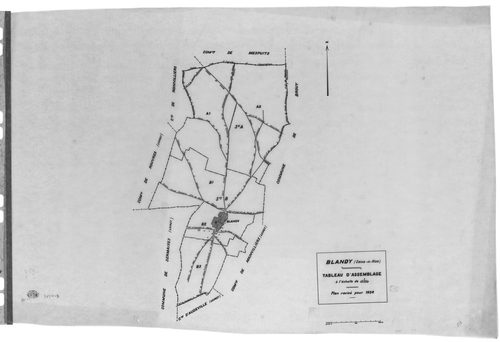 BLANDY.- Cadastre révisé pour 1934 : plan du tableau d'assemblage, plans de la section A le Chemin de la Ferté 1ère feuille, idem 2ème feuille, section B le Village 1ère feuille, idem 2ème feuille, idem 3ème feuille ; cadastre révisé pur 1938 : plan de la