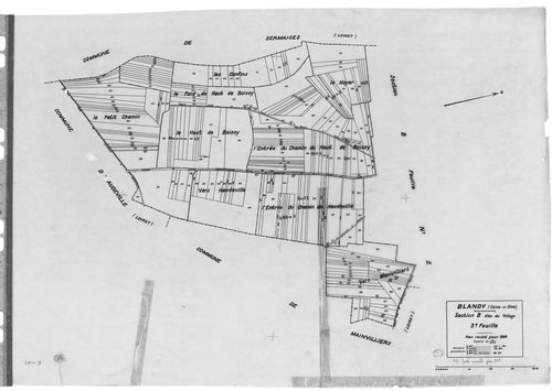 BLANDY.- Cadastre révisé pour 1934 : plan du tableau d'assemblage, plans de la section A le Chemin de la Ferté 1ère feuille, idem 2ème feuille, section B le Village 1ère feuille, idem 2ème feuille, idem 3ème feuille ; cadastre révisé pur 1938 : plan de la