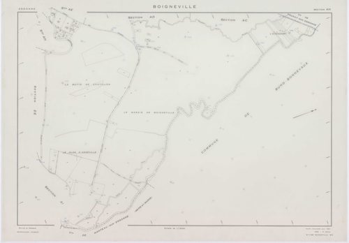BOIGNEVILLE, plans minutes de conservation : tableau d'assemblage,1961, Ech. 1/10000 ; plans des sections AB, AH, AI, AK, AL, AM, AN, ZA, ZB, ZC, ZD, ZE, ZH, ZI, ZK, ZL, ZN, ZO, ZP, ZR, 1961, Ech. 1/2000, sections AC, AD, AE, AO, 1961, Ech. 1/1000. Polyes