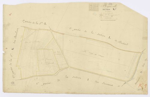 BOIGNEVILLE. - Section K - Boulins (les), 1, ech. 1/1250, coul., aquarelle, papier, 62x96 (1813). 