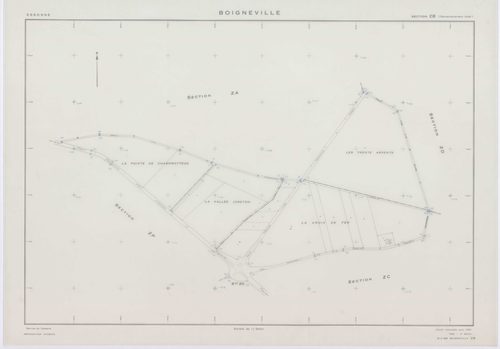 BOIGNEVILLE, plans minutes de conservation : tableau d'assemblage,1961, Ech. 1/10000 ; plans des sections AB, AH, AI, AK, AL, AM, AN, ZA, ZB, ZC, ZD, ZE, ZH, ZI, ZK, ZL, ZN, ZO, ZP, ZR, 1961, Ech. 1/2000, sections AC, AD, AE, AO, 1961, Ech. 1/1000. Polyes