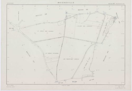 BOIGNEVILLE, plans minutes de conservation : tableau d'assemblage,1961, Ech. 1/10000 ; plans des sections AB, AH, AI, AK, AL, AM, AN, ZA, ZB, ZC, ZD, ZE, ZH, ZI, ZK, ZL, ZN, ZO, ZP, ZR, 1961, Ech. 1/2000, sections AC, AD, AE, AO, 1961, Ech. 1/1000. Polyes