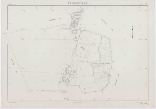 BOIGNEVILLE, plans minutes de conservation : tableau d'assemblage,1961, Ech. 1/10000 ; plans des sections AB, AH, AI, AK, AL, AM, AN, ZA, ZB, ZC, ZD, ZE, ZH, ZI, ZK, ZL, ZN, ZO, ZP, ZR, 1961, Ech. 1/2000, sections AC, AD, AE, AO, 1961, Ech. 1/1000. Polyes