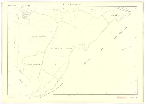 Plans minutes de conservation : BOIGNEVILLE : tableau d'assemblage, ech. 1/10000 (1961), sections AB, AH, AI, AK, AL, AM, AN, ZA, ZB, ZC, ZD, ZE, ZH, ZI, ZK, ZL, ZM, ZN, ZO, ZP, ZR1, ZR2, ech. 1/2000 (1961), sections AC, AD, AE, AO, ech. 1/1000 (1961), NB