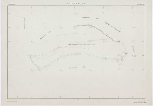 BOIGNEVILLE, plans minutes de conservation : tableau d'assemblage,1961, Ech. 1/10000 ; plans des sections AB, AH, AI, AK, AL, AM, AN, ZA, ZB, ZC, ZD, ZE, ZH, ZI, ZK, ZL, ZN, ZO, ZP, ZR, 1961, Ech. 1/2000, sections AC, AD, AE, AO, 1961, Ech. 1/1000. Polyes