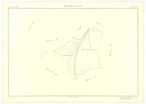 Plans minutes de conservation : BOIGNEVILLE : tableau d'assemblage, ech. 1/10000 (1961), sections AB, AH, AI, AK, AL, AM, AN, ZA, ZB, ZC, ZD, ZE, ZH, ZI, ZK, ZL, ZM, ZN, ZO, ZP, ZR1, ZR2, ech. 1/2000 (1961), sections AC, AD, AE, AO, ech. 1/1000 (1961), NB