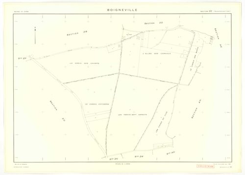 Plans minutes de conservation : BOIGNEVILLE : tableau d'assemblage, ech. 1/10000 (1961), sections AB, AH, AI, AK, AL, AM, AN, ZA, ZB, ZC, ZD, ZE, ZH, ZI, ZK, ZL, ZM, ZN, ZO, ZP, ZR1, ZR2, ech. 1/2000 (1961), sections AC, AD, AE, AO, ech. 1/1000 (1961), NB