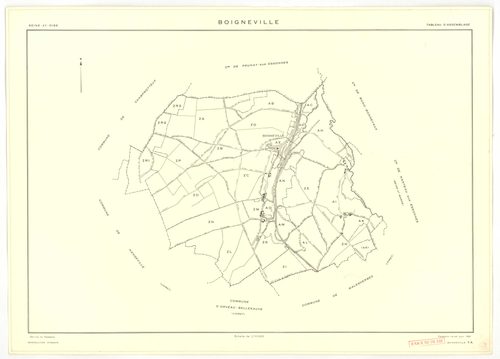 Plans minutes de conservation : BOIGNEVILLE : tableau d'assemblage, ech. 1/10000 (1961), sections AB, AH, AI, AK, AL, AM, AN, ZA, ZB, ZC, ZD, ZE, ZH, ZI, ZK, ZL, ZM, ZN, ZO, ZP, ZR1, ZR2, ech. 1/2000 (1961), sections AC, AD, AE, AO, ech. 1/1000 (1961), NB