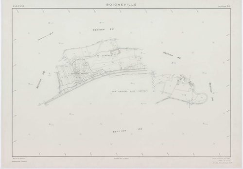 BOIGNEVILLE, plans minutes de conservation : tableau d'assemblage,1961, Ech. 1/10000 ; plans des sections AB, AH, AI, AK, AL, AM, AN, ZA, ZB, ZC, ZD, ZE, ZH, ZI, ZK, ZL, ZN, ZO, ZP, ZR, 1961, Ech. 1/2000, sections AC, AD, AE, AO, 1961, Ech. 1/1000. Polyes