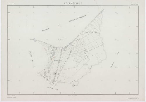 BOIGNEVILLE, plans minutes de conservation : tableau d'assemblage,1961, Ech. 1/10000 ; plans des sections AB, AH, AI, AK, AL, AM, AN, ZA, ZB, ZC, ZD, ZE, ZH, ZI, ZK, ZL, ZN, ZO, ZP, ZR, 1961, Ech. 1/2000, sections AC, AD, AE, AO, 1961, Ech. 1/1000. Polyes