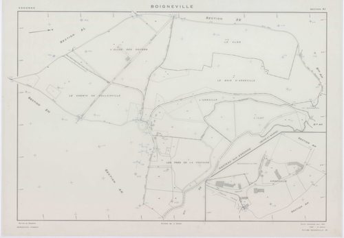 BOIGNEVILLE, plans minutes de conservation : tableau d'assemblage,1961, Ech. 1/10000 ; plans des sections AB, AH, AI, AK, AL, AM, AN, ZA, ZB, ZC, ZD, ZE, ZH, ZI, ZK, ZL, ZN, ZO, ZP, ZR, 1961, Ech. 1/2000, sections AC, AD, AE, AO, 1961, Ech. 1/1000. Polyes