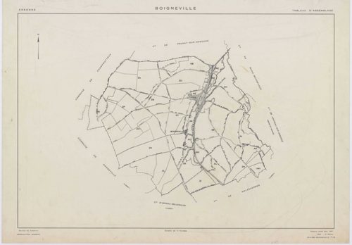 BOIGNEVILLE, plans minutes de conservation : tableau d'assemblage,1961, Ech. 1/10000 ; plans des sections AB, AH, AI, AK, AL, AM, AN, ZA, ZB, ZC, ZD, ZE, ZH, ZI, ZK, ZL, ZN, ZO, ZP, ZR, 1961, Ech. 1/2000, sections AC, AD, AE, AO, 1961, Ech. 1/1000. Polyes