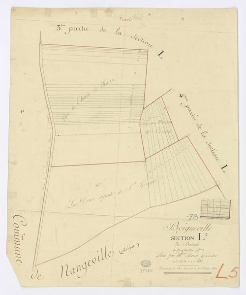 BOIGNEVILLE. - Section L - Bostard, 5, ech. 1/1250, coul., aquarelle, papier, 59x49 (1813). 