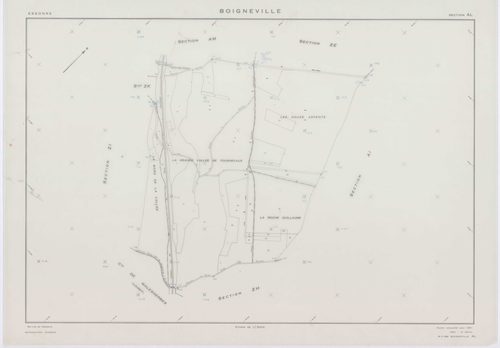 BOIGNEVILLE, plans minutes de conservation : tableau d'assemblage,1961, Ech. 1/10000 ; plans des sections AB, AH, AI, AK, AL, AM, AN, ZA, ZB, ZC, ZD, ZE, ZH, ZI, ZK, ZL, ZN, ZO, ZP, ZR, 1961, Ech. 1/2000, sections AC, AD, AE, AO, 1961, Ech. 1/1000. Polyes