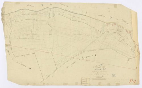 BOIGNEVILLE. - Section P - Friches de Saint-Gervais (les), 1, ech. 1/1250, coul., aquarelle, papier, 64x103 (1813). 