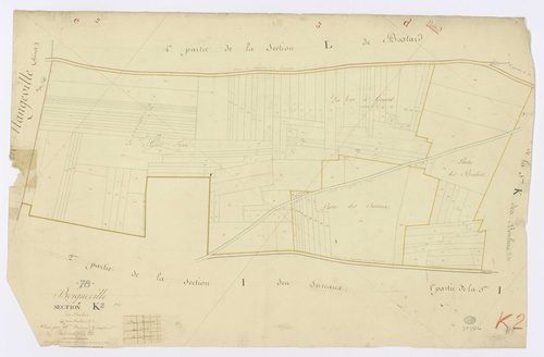 BOIGNEVILLE. - Section K - Boulins (les), 2, ech. 1/1250, coul., aquarelle, papier, 62x95 (1813). 