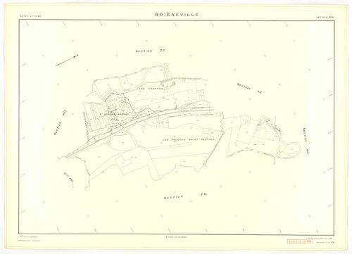 Plans minutes de conservation : BOIGNEVILLE : tableau d'assemblage, ech. 1/10000 (1961), sections AB, AH, AI, AK, AL, AM, AN, ZA, ZB, ZC, ZD, ZE, ZH, ZI, ZK, ZL, ZM, ZN, ZO, ZP, ZR1, ZR2, ech. 1/2000 (1961), sections AC, AD, AE, AO, ech. 1/1000 (1961), NB