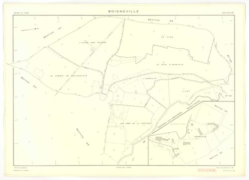 Plans minutes de conservation : BOIGNEVILLE : tableau d'assemblage, ech. 1/10000 (1961), sections AB, AH, AI, AK, AL, AM, AN, ZA, ZB, ZC, ZD, ZE, ZH, ZI, ZK, ZL, ZM, ZN, ZO, ZP, ZR1, ZR2, ech. 1/2000 (1961), sections AC, AD, AE, AO, ech. 1/1000 (1961), NB