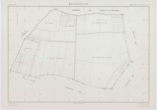 BOIGNEVILLE, plans minutes de conservation : tableau d'assemblage,1961, Ech. 1/10000 ; plans des sections AB, AH, AI, AK, AL, AM, AN, ZA, ZB, ZC, ZD, ZE, ZH, ZI, ZK, ZL, ZN, ZO, ZP, ZR, 1961, Ech. 1/2000, sections AC, AD, AE, AO, 1961, Ech. 1/1000. Polyes