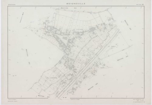 BOIGNEVILLE, plans minutes de conservation : tableau d'assemblage,1961, Ech. 1/10000 ; plans des sections AB, AH, AI, AK, AL, AM, AN, ZA, ZB, ZC, ZD, ZE, ZH, ZI, ZK, ZL, ZN, ZO, ZP, ZR, 1961, Ech. 1/2000, sections AC, AD, AE, AO, 1961, Ech. 1/1000. Polyes