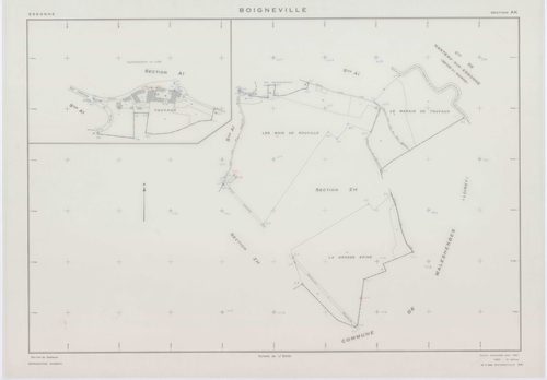 BOIGNEVILLE, plans minutes de conservation : tableau d'assemblage,1961, Ech. 1/10000 ; plans des sections AB, AH, AI, AK, AL, AM, AN, ZA, ZB, ZC, ZD, ZE, ZH, ZI, ZK, ZL, ZN, ZO, ZP, ZR, 1961, Ech. 1/2000, sections AC, AD, AE, AO, 1961, Ech. 1/1000. Polyes