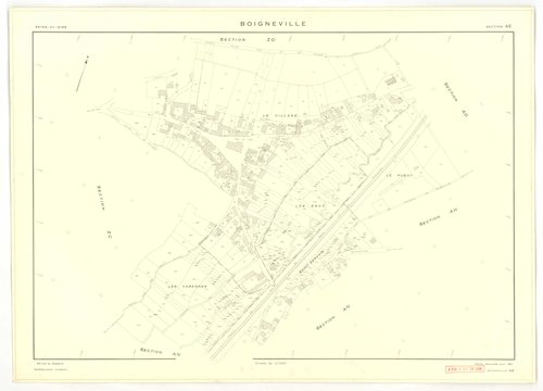 Plans minutes de conservation : BOIGNEVILLE : tableau d'assemblage, ech. 1/10000 (1961), sections AB, AH, AI, AK, AL, AM, AN, ZA, ZB, ZC, ZD, ZE, ZH, ZI, ZK, ZL, ZM, ZN, ZO, ZP, ZR1, ZR2, ech. 1/2000 (1961), sections AC, AD, AE, AO, ech. 1/1000 (1961), NB