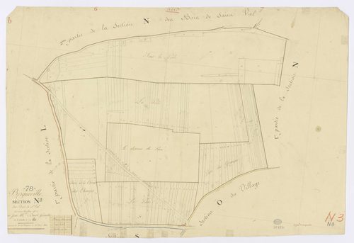 BOIGNEVILLE. - Section N - Bois de Saint-Val, 3, ech. 1/1250, coul., aquarelle, papier, 63x92 (1813). 